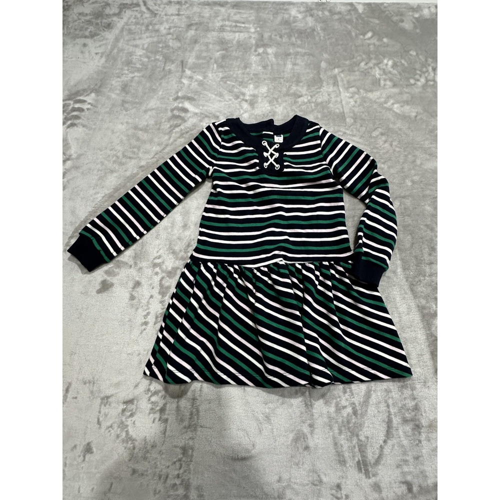 Janie and Jack Dress Girls Size 5 Green Striped Long Sleeve Cross Tie Front EUC